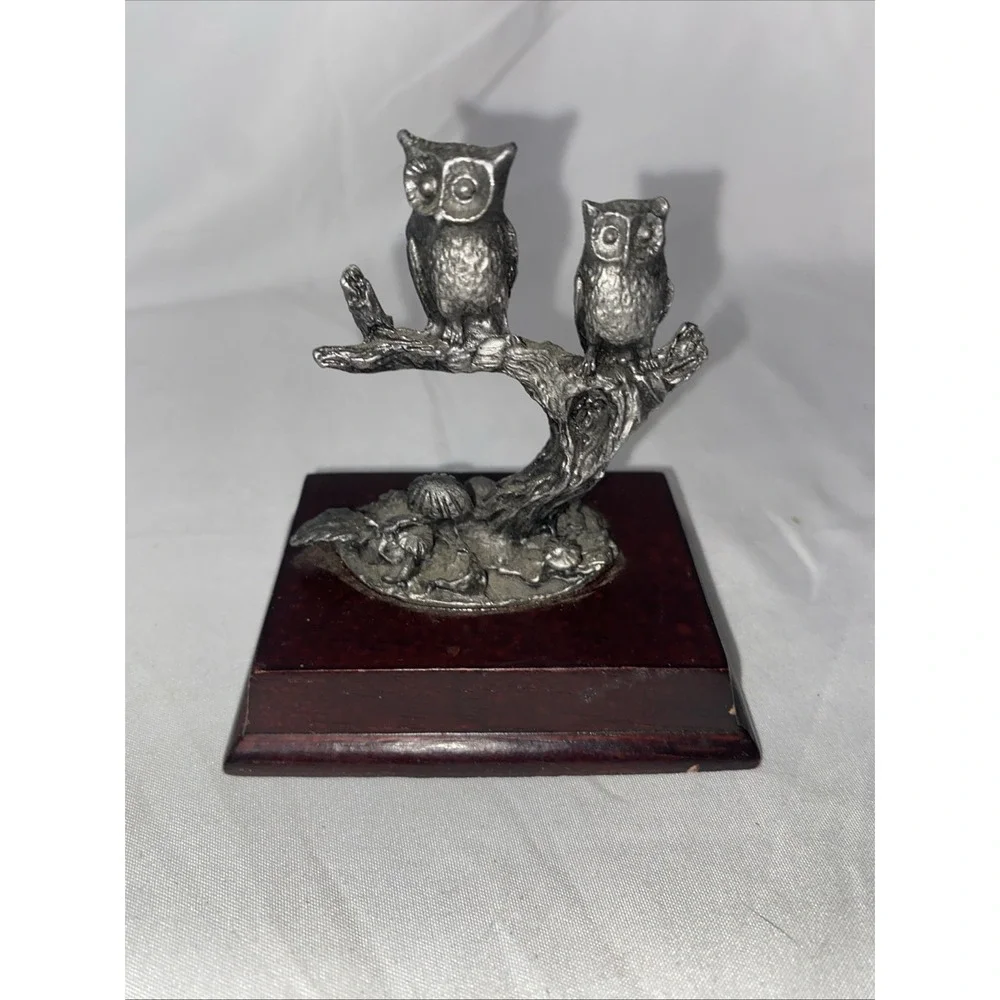 Pewter‎ Owls On Branch with Mushrooms Figurine Wood Base Vintage